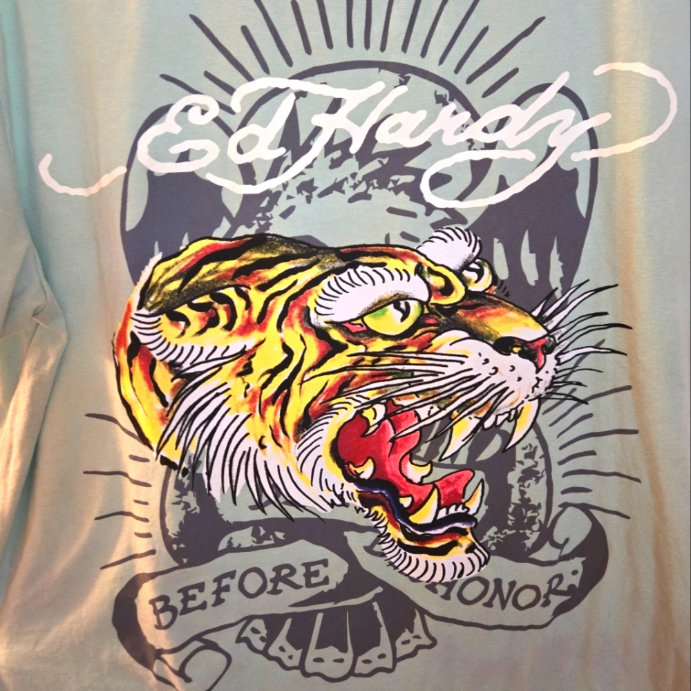 ED HARDY Men's T-Shirt Graphic Tattoo Tiger Head Before Honor Y2K Green Large